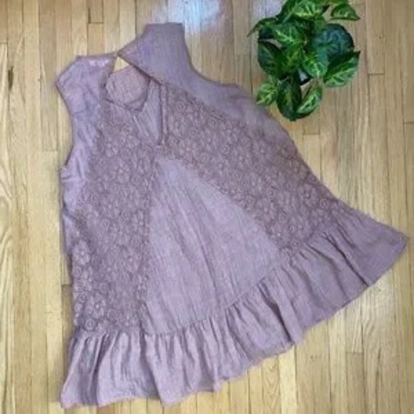 Umgee Sleeveless Lace Panel Ruffle Hem Mauve Mini Dress - Tunic Top Size L - Picture 10 of 11